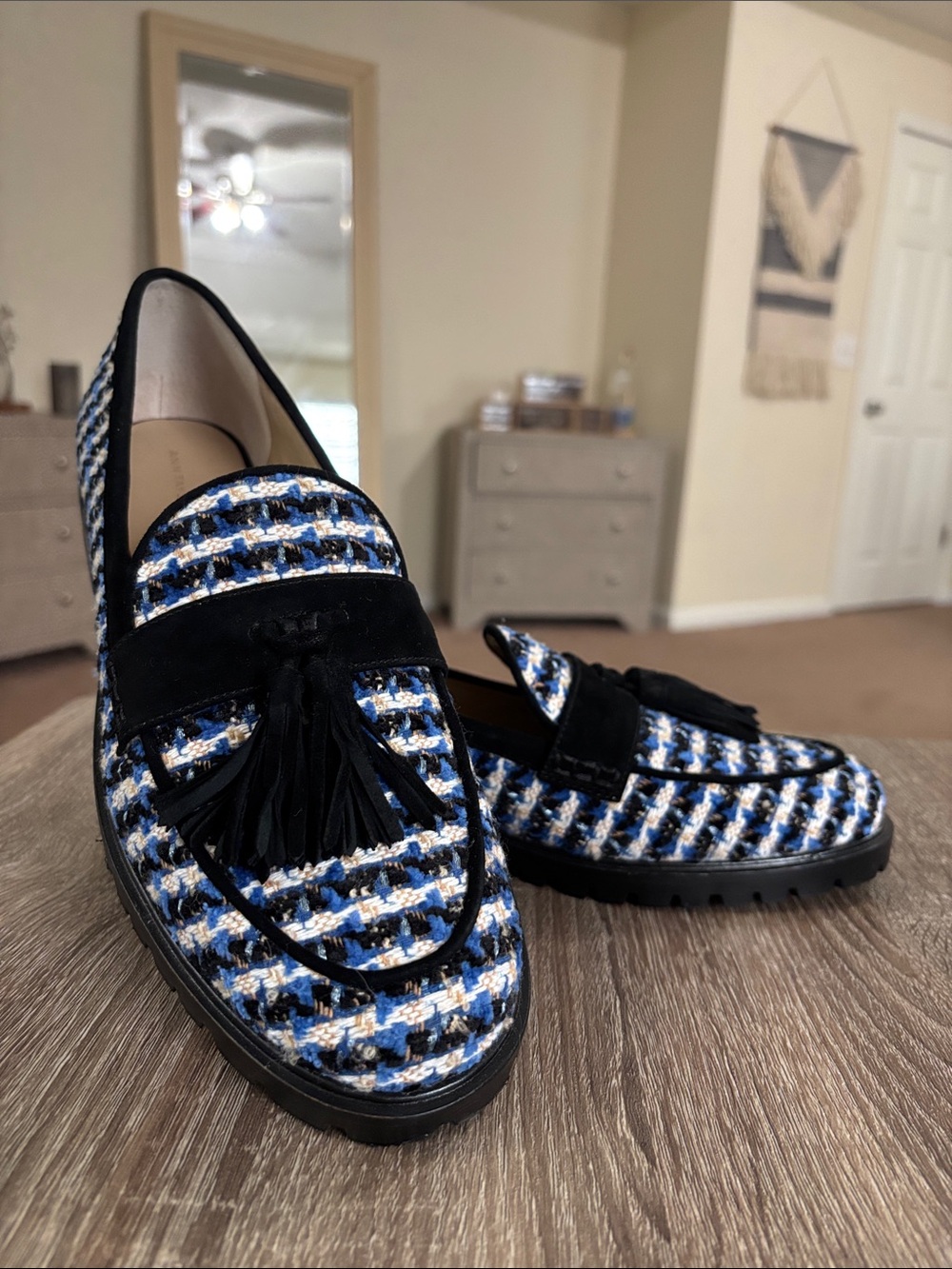 Ann Taylor Blue, Black and White Tweed Tassel Loafers size 11